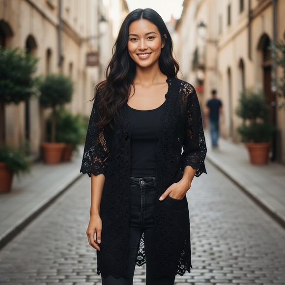 Soft Surroundings Sweaters - Soft Surroundings Black crocheted long cardigan